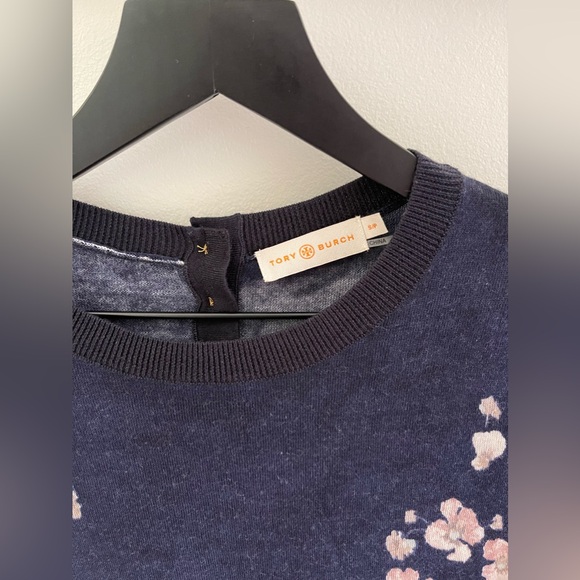 Tory Burch Floral 100% Merino Wool Sweater/Blouse In Navy Blue Size S - Picture 3 of 10